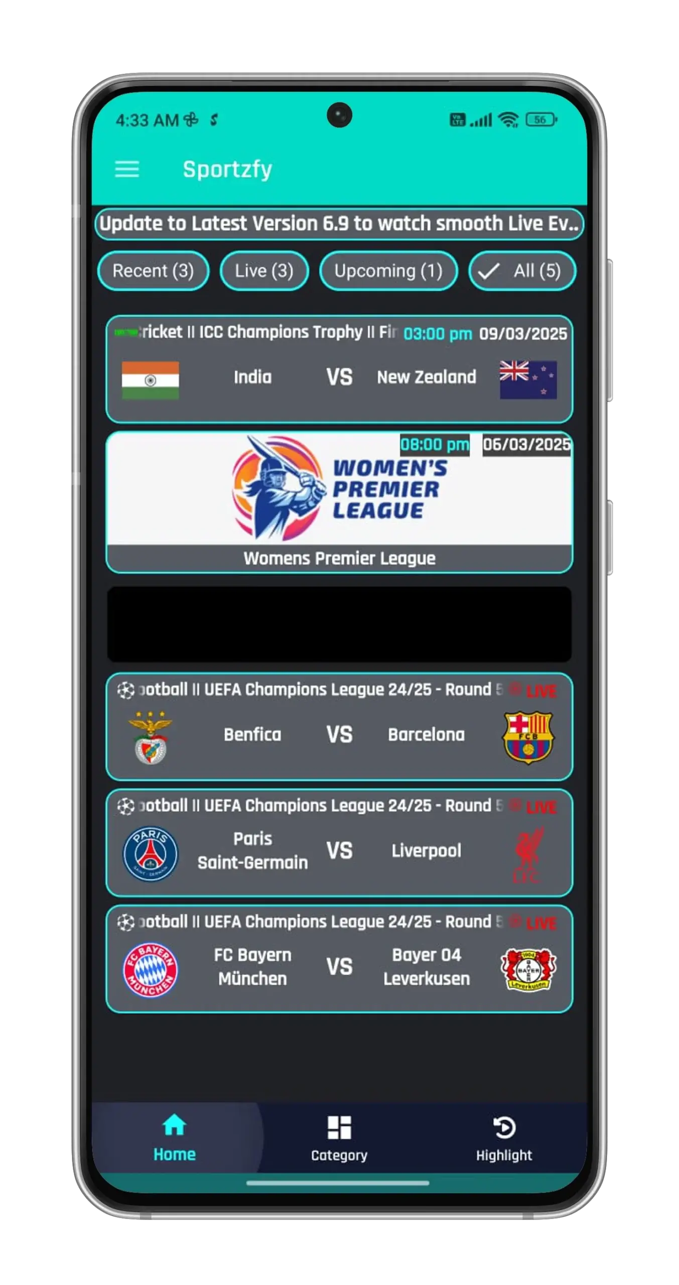 Sportzfy for Android app screenshot